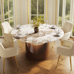 "53"" Pandora Glossy Faux Marble Dining Table Round with Stainless Base for 6 People" - thumbnail 3