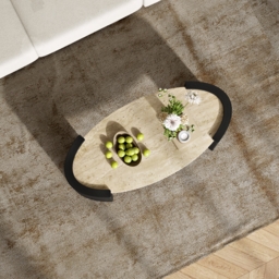 110 cm Japandi Oval Travertine Stone Top Coffee Table - thumbnail 2
