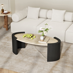 110 cm Japandi Oval Travertine Stone Top Coffee Table - thumbnail 4