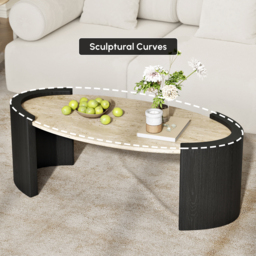 110 cm Japandi Oval Travertine Stone Top Coffee Table - thumbnail 5