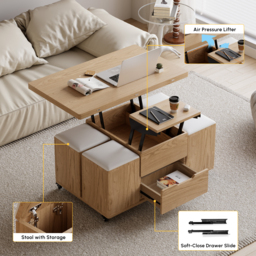 Modern Natural Lift Top Coffee Table 10 cm 1 with Storage Ottoman Foldable and Casters - thumbnail 9