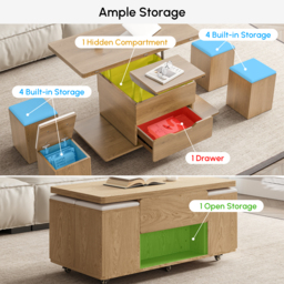 Modern Natural Lift Top Coffee Table 10 cm 1 with Storage Ottoman Foldable and Casters - thumbnail 7