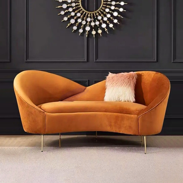 1600mm Velvet Curved Sofa Small 2-Seater Sofa with Curve Back Upholstery in Orange - image 1