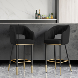 Modern Black Velvet Upholstered Bar Stool with Low Back & Footrest - thumbnail 1