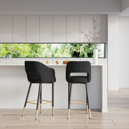 Modern Black Velvet Upholstered Bar Stool with Low Back & Footrest - thumbnail 3