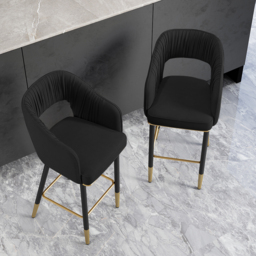Modern Black Velvet Upholstered Bar Stool with Low Back & Footrest - thumbnail 2
