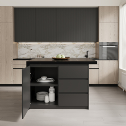 127 cm Large Black Kitchen Island with Storage Kitchen Cabinet Marble Veneered Top - thumbnail 6