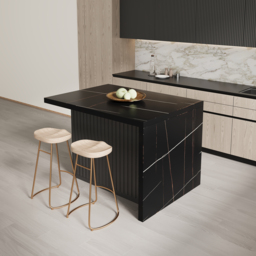 127 cm Large Black Kitchen Island with Storage Kitchen Cabinet Marble Veneered Top