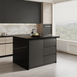 127 cm Large Black Kitchen Island with Storage Kitchen Cabinet Marble Veneered Top - thumbnail 5