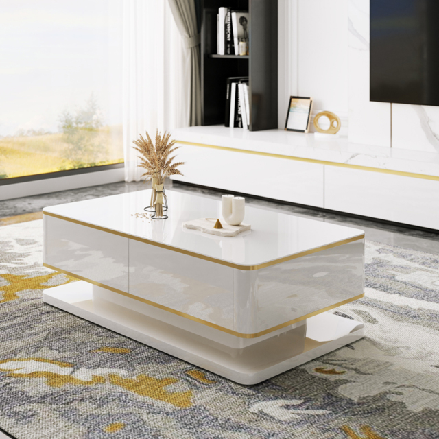 Gapn 1300mm White Rectangular Coffee Table with Storage 4 Drawers Tempered Glass Top - image 1