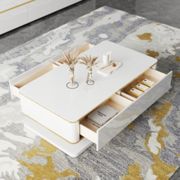 Gapn 1300mm White Rectangular Coffee Table with Storage 4 Drawers Tempered Glass Top - thumbnail 4