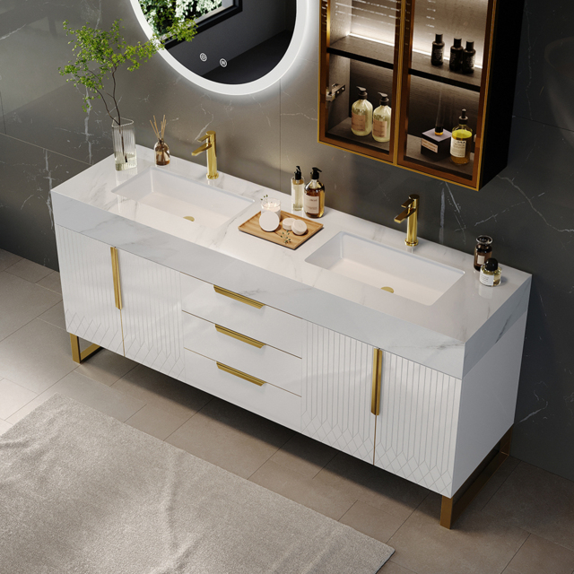 150 cm Bathroom Vanity Freestanding Cultured Marble Top with Double Sink Drawers & Doors White - image 1