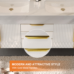 150 cm Bathroom Vanity Freestanding Cultured Marble Top with Double Sink Drawers & Doors White - thumbnail 7