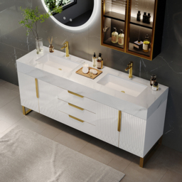 150 cm Bathroom Vanity Freestanding Cultured Marble Top with Double Sink Drawers & Doors White - thumbnail 1