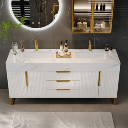 150 cm Bathroom Vanity Freestanding Cultured Marble Top with Double Sink Drawers & Doors White - thumbnail 3