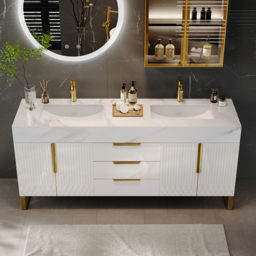 150 cm Bathroom Vanity Freestanding Cultured Marble Top with Double Sink Drawers & Doors White - thumbnail 3
