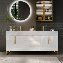 150 cm Bathroom Vanity Freestanding Cultured Marble Top with Double Sink Drawers & Doors White - thumbnail 2