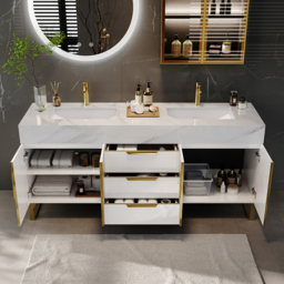 150 cm Bathroom Vanity Freestanding Cultured Marble Top with Double Sink Drawers & Doors White - thumbnail 4