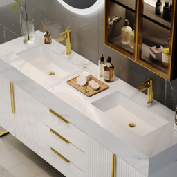 150 cm Bathroom Vanity Freestanding Cultured Marble Top with Double Sink Drawers & Doors White - thumbnail 9
