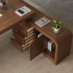 "70.9"" Walnut L-shaped Modern Executive Desk Right Hand & Reclining Leather Office Chair" - thumbnail 9