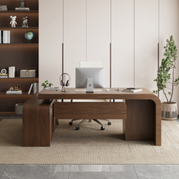 "70.9"" Walnut L-shaped Modern Executive Desk Right Hand & Reclining Leather Office Chair" - thumbnail 2