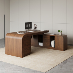 "70.9"" Walnut L-shaped Modern Executive Desk Right Hand & Reclining Leather Office Chair" - thumbnail 5