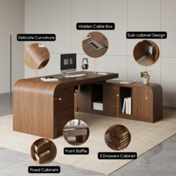 "70.9"" Walnut L-shaped Modern Executive Desk Right Hand & Reclining Leather Office Chair" - thumbnail 6