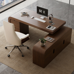 "70.9"" Walnut L-shaped Modern Executive Desk Right Hand & Reclining Leather Office Chair" - thumbnail 1