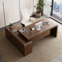 "70.9"" Walnut L-shaped Modern Executive Desk Right Hand & Reclining Leather Office Chair" - thumbnail 3
