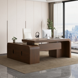 "70.9"" Walnut L-shaped Modern Executive Desk Right Hand & Reclining Leather Office Chair" - thumbnail 4
