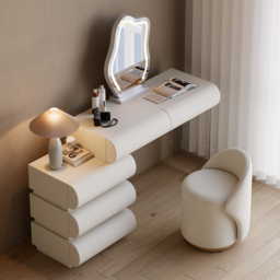 leather modern white PU dressing table set with stool and LED mirror - thumbnail 3