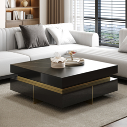 Black Modern Square Coffee Table with Drawers Sintered Stone Top & Metal Legs - thumbnail 5