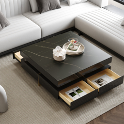 Black Modern Square Coffee Table with Drawers Sintered Stone Top & Metal Legs - thumbnail 2