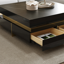 Black Modern Square Coffee Table with Drawers Sintered Stone Top & Metal Legs - thumbnail 4