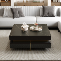 Black Modern Square Coffee Table with Drawers Sintered Stone Top & Metal Legs - thumbnail 1