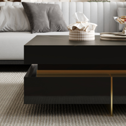 Black Modern Square Coffee Table with Drawers Sintered Stone Top & Metal Legs - thumbnail 3