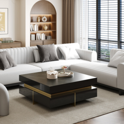 Black Modern Square Coffee Table with Drawers Sintered Stone Top & Metal Legs - thumbnail 6