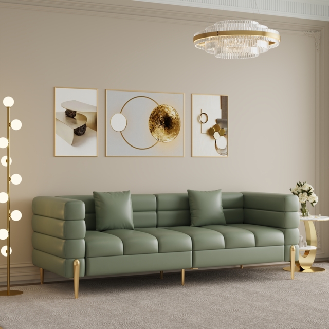 Axial 200 cm Faux Leather Fluted Sofa with Gold Legs & Pillows - image 1