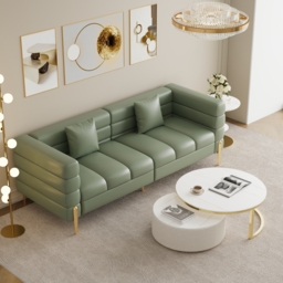 Axial 200 cm Faux Leather Fluted Sofa with Gold Legs & Pillows - thumbnail 3