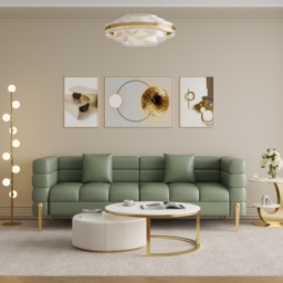 Axial 200 cm Faux Leather Fluted Sofa with Gold Legs & Pillows - thumbnail 4