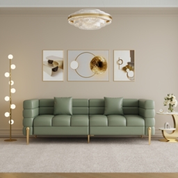 Axial 200 cm Faux Leather Fluted Sofa with Gold Legs & Pillows - thumbnail 2