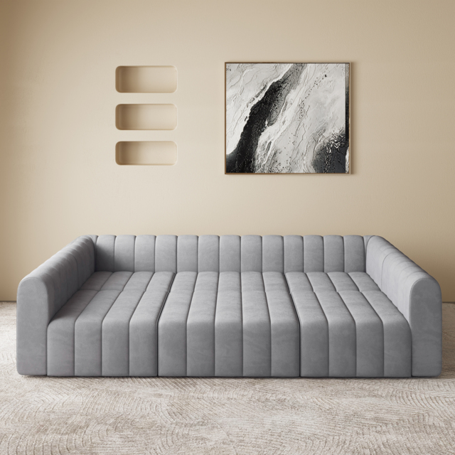 3020mm Modern Grey Velvet Modular Pit Sectional Sofa Set Convertible 6-Seater Upholstered - image 1