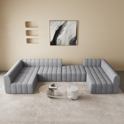 3020mm Modern Grey Velvet Modular Pit Sectional Sofa Set Convertible 6-Seater Upholstered - thumbnail 3