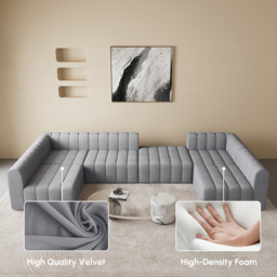 3020mm Modern Grey Velvet Modular Pit Sectional Sofa Set Convertible 6-Seater Upholstered - thumbnail 7