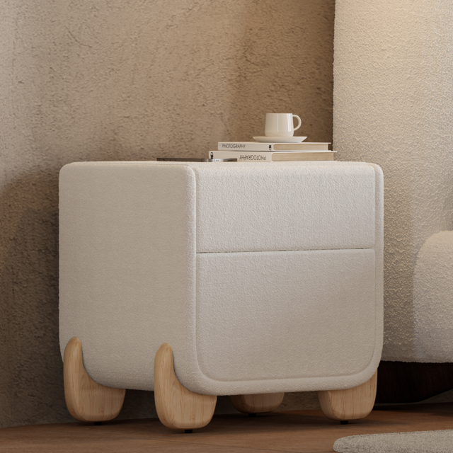 Curva Smart Boucle Nightstand with Wood Legs 2-Drawer Bedside Table in White Set of 2 - image 1
