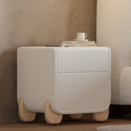 Curva Smart Boucle Nightstand with Wood Legs 2-Drawer Bedside Table in White Set of 2