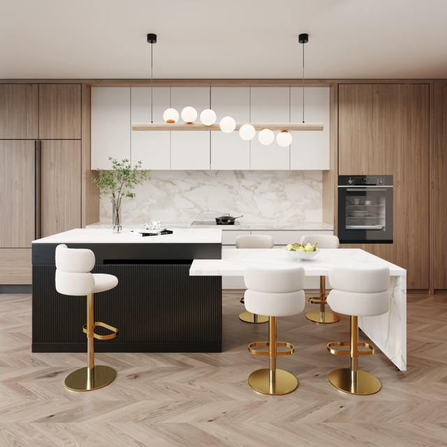 205 - 284 cm Modern Extendable White Marble Pattern Kitchen Island with Doors and Drawers - image 1