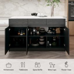 205 - 284 cm Modern Extendable White Marble Pattern Kitchen Island with Doors and Drawers - thumbnail 8
