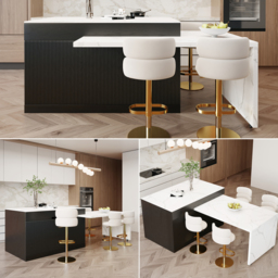 205 - 284 cm Modern Extendable White Marble Pattern Kitchen Island with Doors and Drawers - thumbnail 7