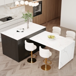 205 - 284 cm Modern Extendable White Marble Pattern Kitchen Island with Doors and Drawers - thumbnail 5